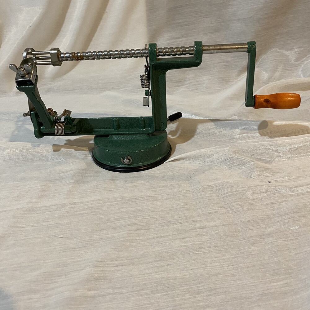 Vintage Green Metal Hand Crank Apple Peeler Corer with Locking Suction Base